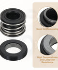 Two Pack Mechanical Seal Kit For Water Pumps, 17mm Inner Diameter And 33mm Outer Diameter Rubber Shaft Seals, Replacement Kit For 0.7 Inch Shaft Pumps, High Temp, Durable Pump Seal Set That Holds Up. close-up and side view