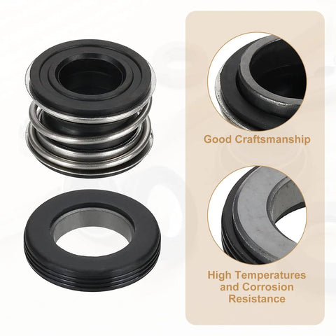 Two Pack Mechanical Seal Kit For Water Pumps, 17mm Inner Diameter And 33mm Outer Diameter Rubber Shaft Seals, Replacement Kit For 0.7 Inch Shaft Pumps, High Temp, Durable Pump Seal Set That Holds Up. close-up and side view