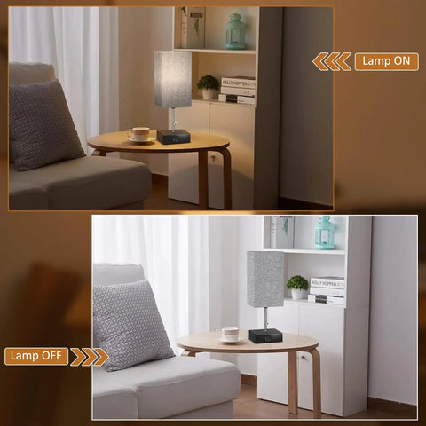 Gray Bedside Table Lamp With USB C And USB A Ports Three Color Temperature Settings For Warm Neutral And Daylight Ambience Ideal Nightstand Desk Light With Pull Chain And Bulb Included next to a couch in a living room, showing lamp on and off.