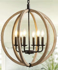 Six Light Orb Farmhouse Chandelier In Brown Wood Globe Handcrafted Solid Wood Light Fixture for dining room, 20 inch