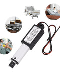 Close-up of mini 24V electric linear actuator with 30mm stroke, black housing and red/black wires