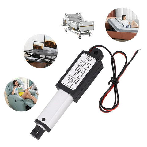 Close-up of mini 24V electric linear actuator with 30mm stroke, black housing and red/black wires