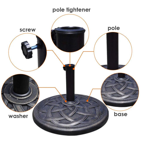Heavy Duty Cast Iron Umbrella Base For Patio And Garden, 43lb Round Market Stand With Classic Bronze Finish, close-up details