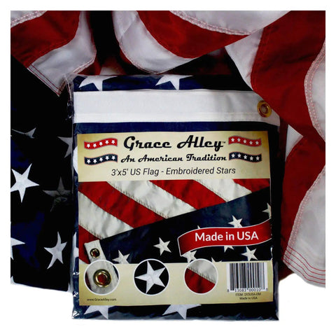 American Flag 3x5 Foot Made In USA Nylon With Embroidered Stars And Sewn Stripes, Brass Grommets, Fade Resistant Packaging