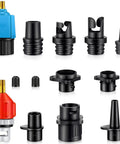 Inflatable Pump Adaptor Kit For SUP And Car Air Compressors With 9 Valve Nozzles, Quick Connect Design, orange and blue adaptors.