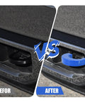 Side by side of Blue Front Tow Hook Covers Set Of 2 For 2007 To 2024 Chevy Silverado 1500 Hitch Cover application