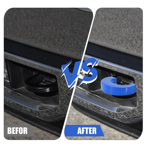 Side by side of Blue Front Tow Hook Covers Set Of 2 For 2007 To 2024 Chevy Silverado 1500 Hitch Cover application