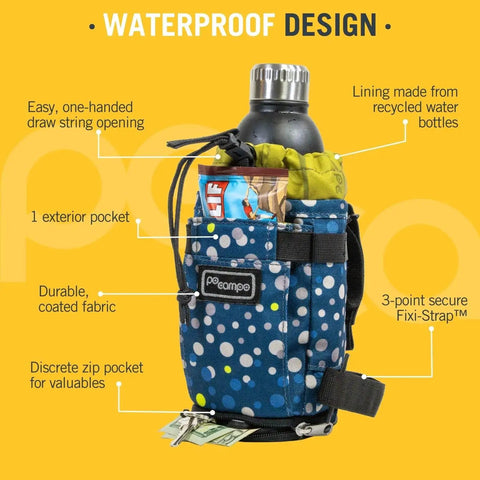 Willis Stem Bag For Bike Handlebar Quick Access Drawstring Pouch with water bottle, snacks, and gear in blue waterproof design.