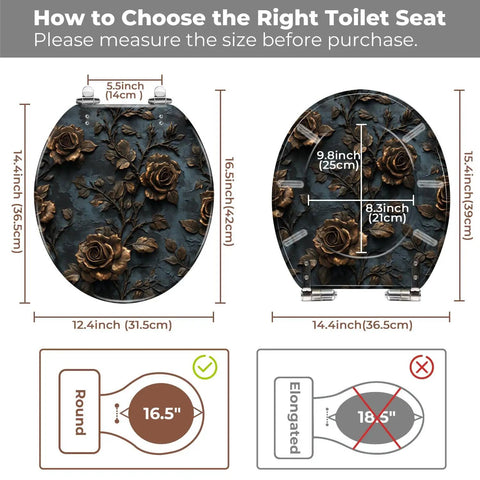 Toilet Seat Round Resin for Bathroom dimensions, showing size options and design with floral motifs.