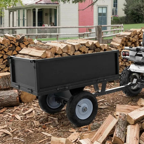 Beefy Heavy Duty Steel Dump Cart For ATVs And Tractors With Fold Down Side Panels 500 Lb Capacity Utility Trailer loaded with firewood