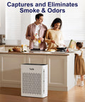 Family cooking in kitchen with Large Room Air Purifier With HEPA H13 Filtration And Washable Filter For Pet Hair Odor Dust Smoke