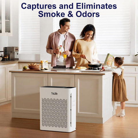 Family cooking in kitchen with Large Room Air Purifier With HEPA H13 Filtration And Washable Filter For Pet Hair Odor Dust Smoke
