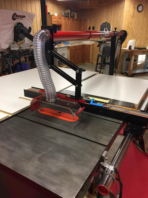 Heavy Hitter Table Saw Dust Collection Guard Handles Up To 16 Inch Blades With Smooth 45 Degree Tilting Boom for effective dust capture