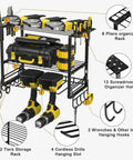Diagram showing Power Tool Organizer Rack 3 Layer Heavy Alloy Steel Wall Mount Storage with labeled slots for various tools