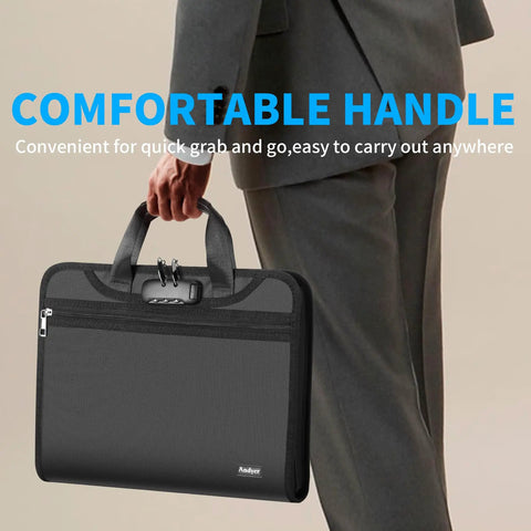 Person carrying Fireproof Accordion File Organizer With Lock And Handle 13 Pocket Expanding File Binder for business travel.