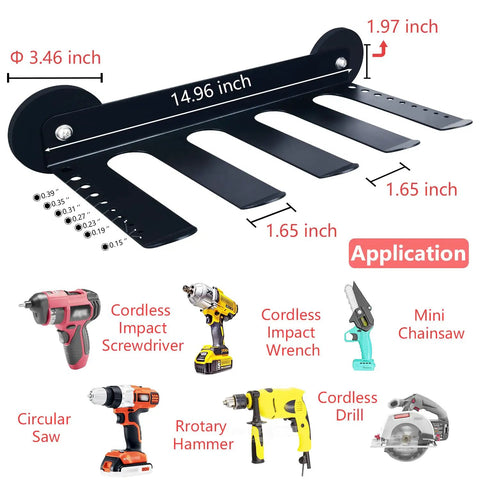 Heavy Duty Magnetic Power Tool Rack And Organizer For Garage Or Workshop With Four Slot Drill Holder diagram and tools