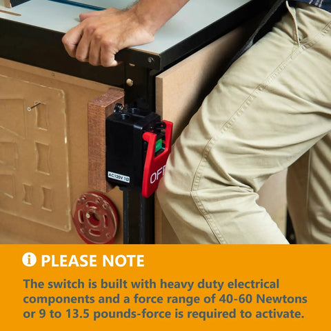 No Sweat Workshop Rig 120V Magnetic Knee Activated Emergency Stop Switch With 5.5 Foot Cord mounted on workbench.