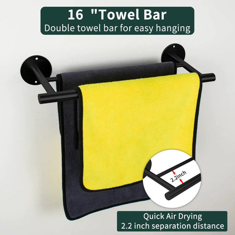 Matte Black 6 Piece Stainless Steel Bathroom Hardware Set With 16 Inch Wall Mount Hand Towel Bar showing towel hanging