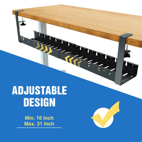 Extendable Under Desk Cable Management Tray With Clamp No Drill Metal Cable Organizer attached to a wooden desk