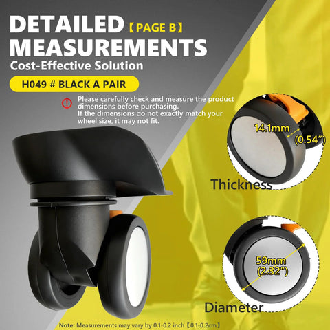 Detailed view of Luggage Wheels Replacement Kit For Suitcases Universal Spinner Wheels Wear Resistant Mute Casters with measurements