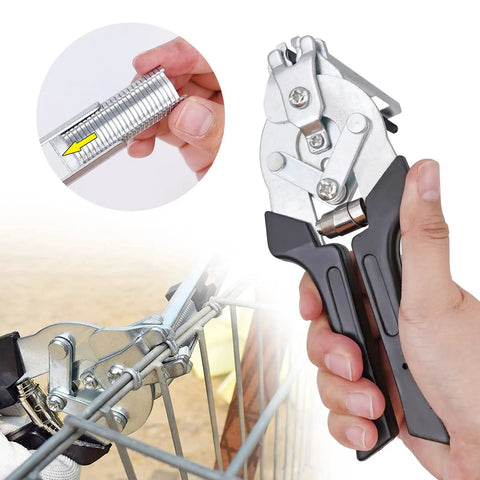 Type M Hog Nail Ring Pliers Kit With 2400 M Clips for fence fastening, close-up view of pliers in hand and clips application