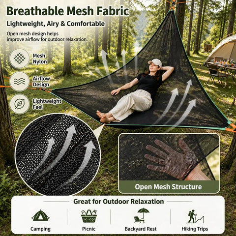 Outdoor Triangular Hammock With Mesh Nylon, Portable 3 Point Design For Camping And Backyard Lounging, Breathable Open Mesh For Airflow