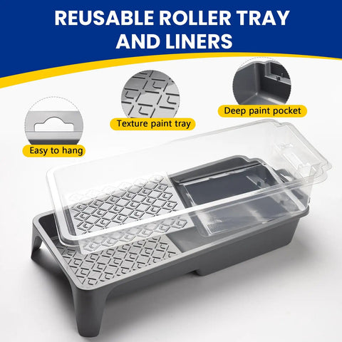 4 Inch Foam Paint Roller Kit With 8 Pack Covers, Frame, Tray And Liner showcasing reusable roller tray and liners.