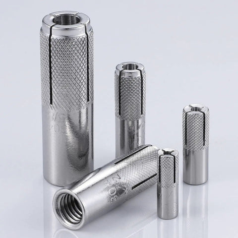 20 Pack One Quarter Inch Premium Stainless Steel Knurled Drop-In Anchors For Solid Concrete Internal Forced Expansion Heavy Duty Concrete Fasteners Easy Install Rust Resistant, shown in different sizes on white background.