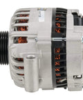 Side view of a premium 110 amp 100 percent new alternator for Ford Escape and Mazda Tribute, beefed up reliability and high output.