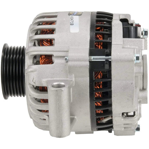 Side view of a premium 110 amp 100 percent new alternator for Ford Escape and Mazda Tribute, beefed up reliability and high output.