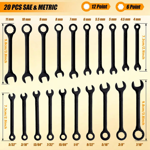 Backyard Mechanic Mini Wrench Set Packed With Metric And Sae Sizes 20 Piece with 12 and 6 point wrenches in various sizes.