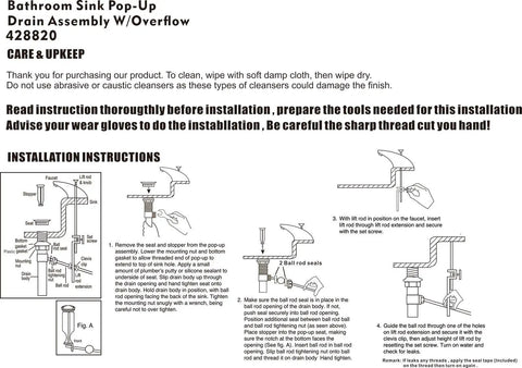 Sink Pop Up Drain Stopper Assembly With Lift Rod And Overflow In Solid Brass Lavatory Pop Up Drain For Bathroom Vanity Sink installation instructions diagram.