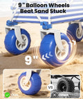 Heavy Duty Beach Wagon With 9 Inch Balloon Wheels And Tailgate Foldable Sand Cart showing blue wheels on sand