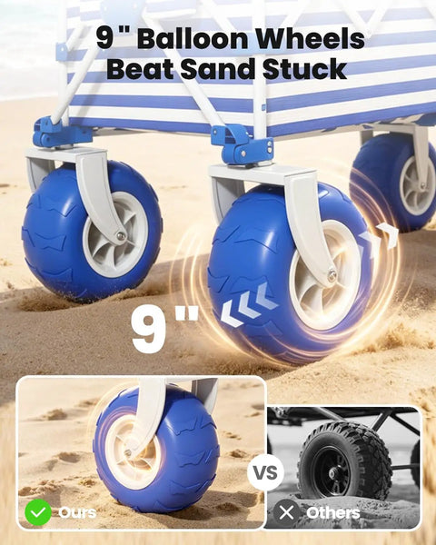 Heavy Duty Beach Wagon With 9 Inch Balloon Wheels And Tailgate Foldable Sand Cart showing blue wheels on sand