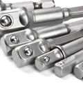 Close-up of Heavy Duty 8 Piece Impact Adapter Set Built To Last For 1/4 Inch 3/8 Inch 1/2 Inch Hex Shank Square Nut Drill Extension Bit Set