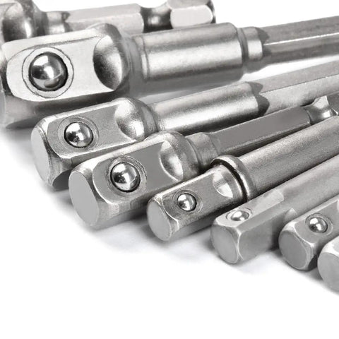 Close-up of Heavy Duty 8 Piece Impact Adapter Set Built To Last For 1/4 Inch 3/8 Inch 1/2 Inch Hex Shank Square Nut Drill Extension Bit Set