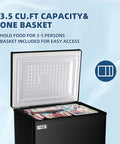 Slick 3.5 Cubic Feet Compact Chest Freezer With Adjustable Thermostat And Nifty Removable Basket open showing contents and sliding wire basket.