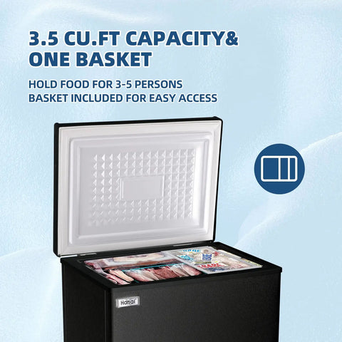 Slick 3.5 Cubic Feet Compact Chest Freezer With Adjustable Thermostat And Nifty Removable Basket open showing contents and sliding wire basket.