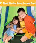 Three kids sitting inside Two In One Kids Detachable Hanging Chair Swing Tent Set For Outdoor And Indoor Play, Green