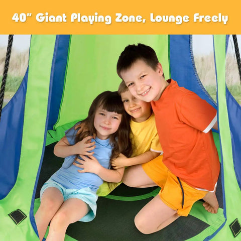 Three kids sitting inside Two In One Kids Detachable Hanging Chair Swing Tent Set For Outdoor And Indoor Play, Green