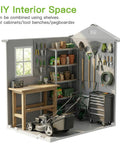 Interior view of 4x6 Ft Outdoor Storage Shed With Floor And Window All Weather Resin Garden Tool Shed Waterproof Plastic Shed with tools.