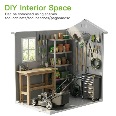 Interior view of 4x6 Ft Outdoor Storage Shed With Floor And Window All Weather Resin Garden Tool Shed Waterproof Plastic Shed with tools.