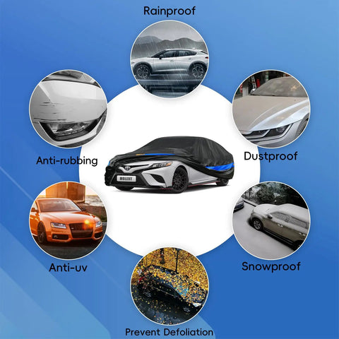 All Weather Waterproof Car Cover For Sedans Universal Fit 183 To 193 Inches with weather protection benefits displayed