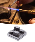 Durable Alloy Disc Cutter Set For Jewelry Making And Metal Crafting, shown with die punch and jeweler soldering a ring.