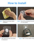 Installation steps for Heavy Duty Adhesive Wall Hooks 22lb Max, 50 Pack Transparent Sticky Hangers in kitchen or bathroom.