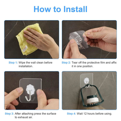 Installation steps for Heavy Duty Adhesive Wall Hooks 22lb Max, 50 Pack Transparent Sticky Hangers in kitchen or bathroom.