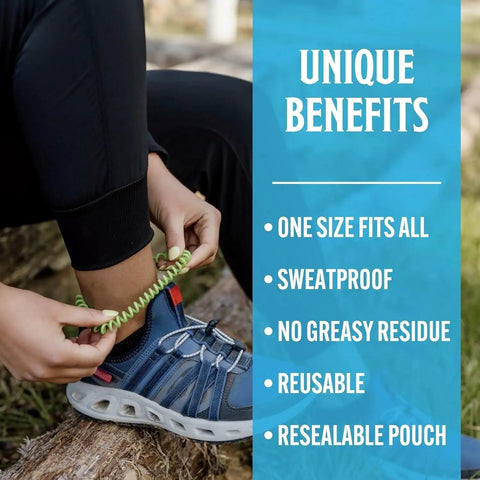 Person tying Mosquito Repellent Bracelets For Kids And Adults, DEET-Free, Plant-Based Essential Oils around ankle outdoors