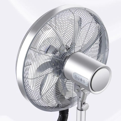 Close-up of Badass Industrial Floor Fan Packed With Serious Airflow And Quick Cooling Mist Spray For Yard Or Warehouse Jobs with large blades.