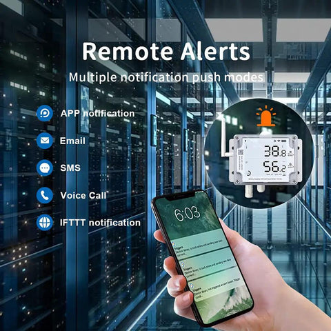 GS1 AETH1RS Ethernet And WiFi Temperature Humidity And Illumination Sensor display with remote alerts on smartphone in data center