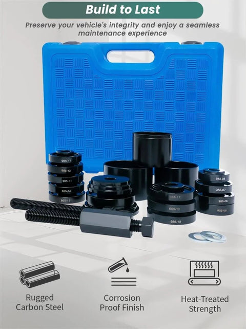 24 Piece Wheel Bearing Press Kit for Front Wheel Drive Vehicles with blue case and adapters for easy bearing installation